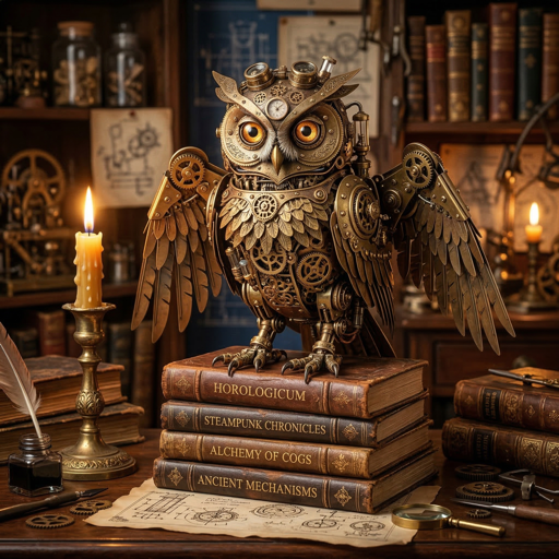 A steampunk clockwork owl perched on old books, brass gears, warm candlelight, intricate details